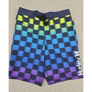 Hurley Board Shorts Boys Size 12 Swimming Trunks Checkered Logo Bathing Suit NEW